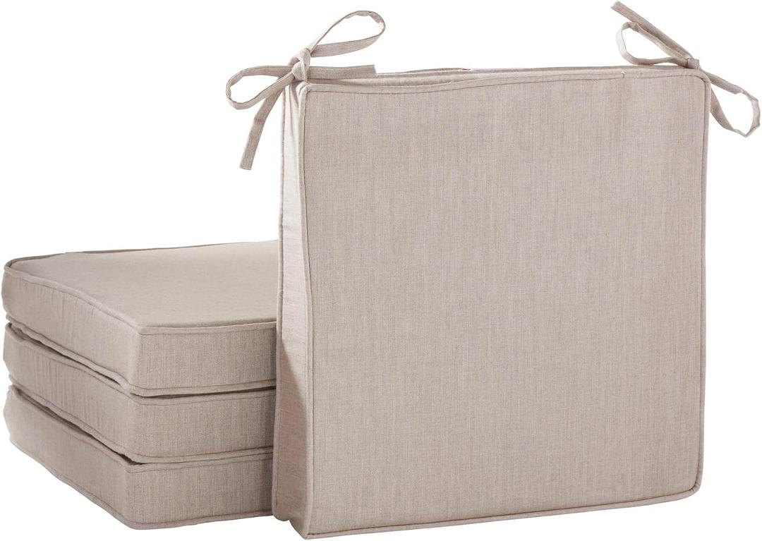 Indoor/Outdoor Chair Pads in Sunbrella Fabric 17''x17'' Patio Seat Cushions with Foam Insert, Removable Reversible Cover & Ties for Patio Dining Chairs Set of 4, Cast Ash