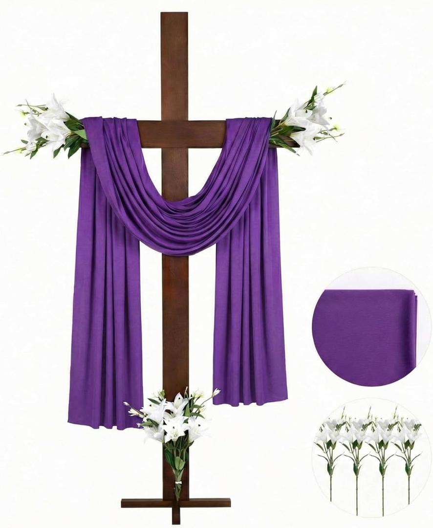 Novabright 71 Inch Extra Large Easter Wooden Cross Outdoor He Is Risen Standing Crucifix 6 ft Religious Yard Decor Set with Purple Fabric, Lily Flower, Base for Garden Church Christian Catholic Party