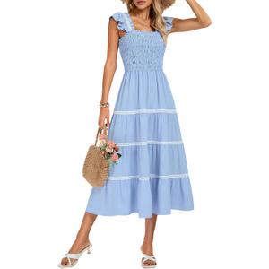 Kate Kasin Womens 2025 Summer Casual Dress Sleeveless Square Neck Smocked Ruffle Boho Flowy Maxi Beach Sundress(Blue, XL)