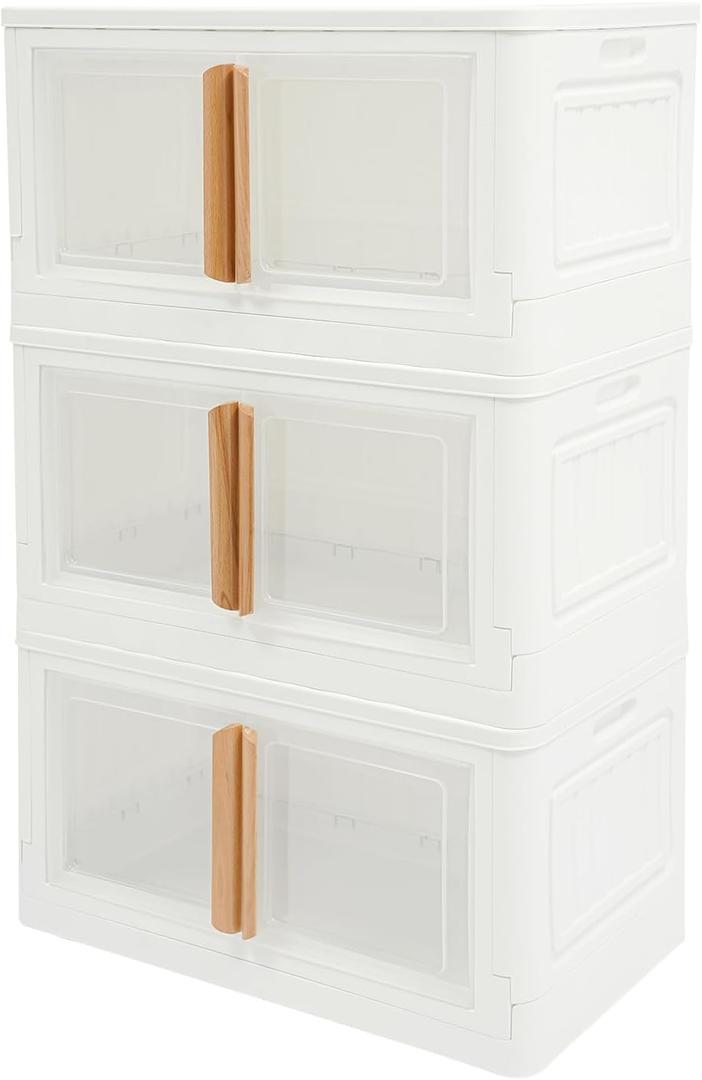 3 Tier Foldable Storage Cabinets, Stackable Storage Bins with Doors and Lids Closet Organizers and Storage with 4 Wheels Collapsible Plastic Storage Bins for Bedroom Dorm Home 25.6*14.9*40.9in