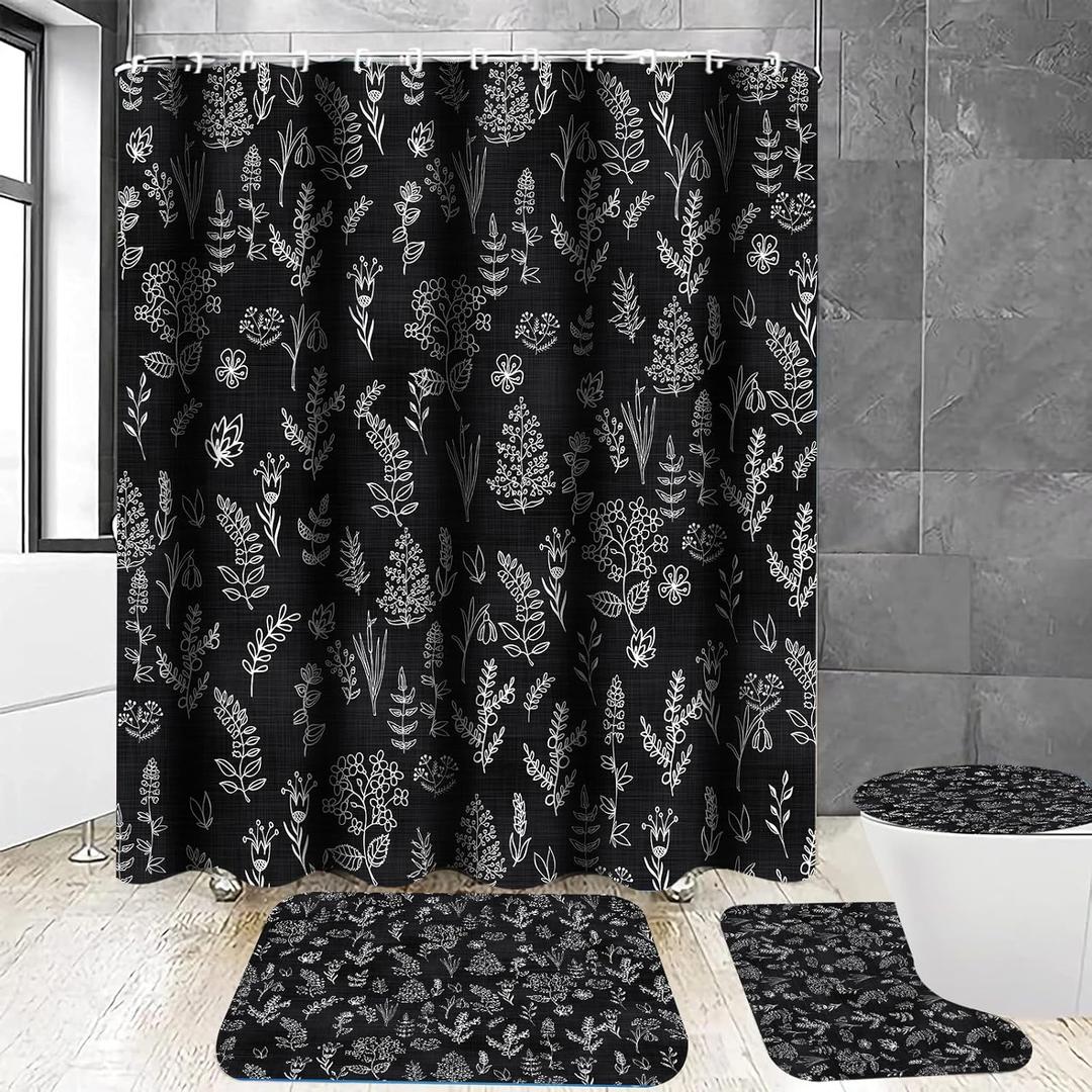Chrainy 4Pcs Black Floral Leaves Shower Curtain Sets Plants Spring Flowers Rustic Bathroom Accessories Set Botanical Sage Nature Hand Drawn Vintage Herbs Bathroom Decor with Rugs and 12 Hooks