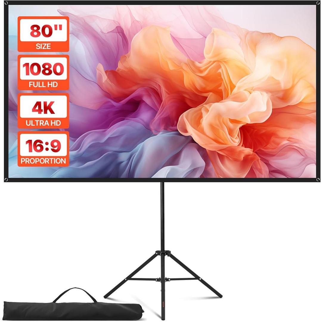 VEVOR Projector Screen with Stand, 80 Inch 160 Wide Angle Indoor Outdoor Projection Screen, 16:9 4K HD Wrinkleless Portable Tripod Screens with Carry Bag, for Movie Home Theater Office Presentation