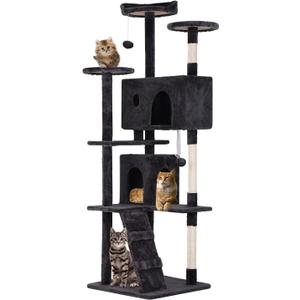 FDW | 70" Cat Tree Tower | Dark Gray | Multi-Level Indoor Activity Center with Sisal Scratching Posts, Condos, Plush Perches, Hanging Cat Toys | Sturdy, Easy to Assemble | for Kittens & Adult Cats