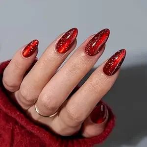 BTArtbox Press On Nails Almond  Deep Red Sparkly Press On Nails with Glue for Women, Glossy Soft Gel Glue On Nails in 15 Sizes  30 Stick On Nails Kit for Christmas, Mystic Ruby