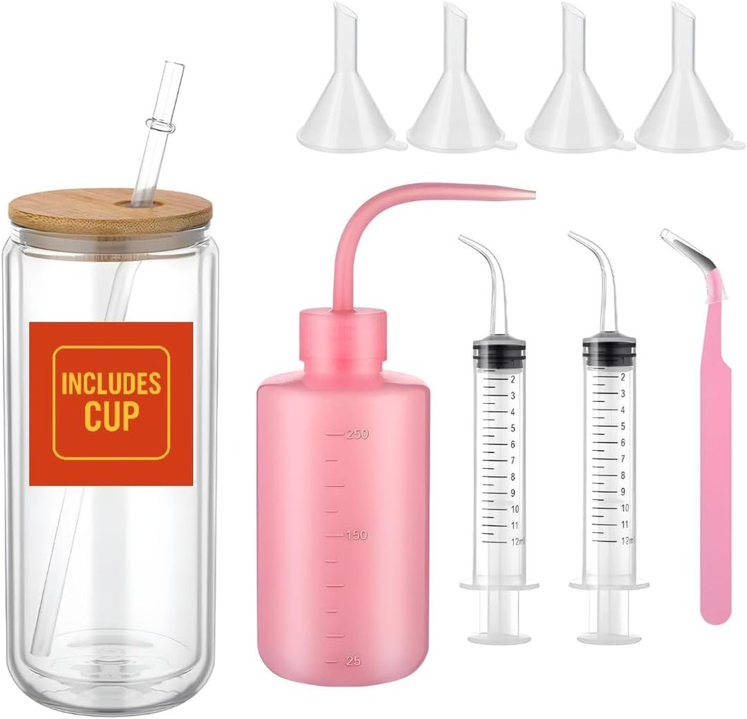 DIY Glitter Snow Globe Tumbler Supplies Kit  16oz High Borosilicate Pre-Drilled Glass Cup with Squeeze Bottle, Funnel, Bent Syringe, Tweezer & Seal Plug for Custom Crafts, Gifts & Holiday Parties