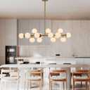 XILICON Linear Chandeliers Modern Brushed Brass Chandeliers for Dining Room 16-Lights and White Glass Pendant Lighting Mid Century Globe Dining Light Fixture for Living Room Kitchen