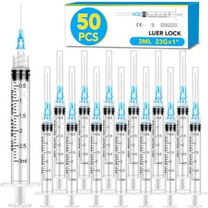50 Pack 3ml Syringes with Needle-23Ga 1 Inch Needle with Luer Lock, Individually Sealed Packaging