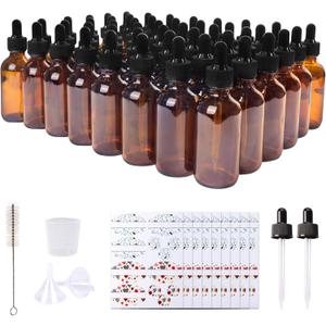 48 Pack 2oz Amber Glass Bottles with Glass Eye Droppers for Essential Oils, Perfumes & Lab Chemicals (Brush, Funnels, 2 Extra Droppers, 54 Pieces Labels & 30ml Measuring Cup Included)