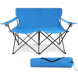Joyfair Double Camping Beach Chair, Folding Camp Loveseat for Adults (Blue) | Heavy Duty Portable Double-seat Lawn Beach Chair Fold Couch for Outdoor Sports Backpacking, Carrying Bag & Cup Holders, 45 inches x 25 inches x 36 inches