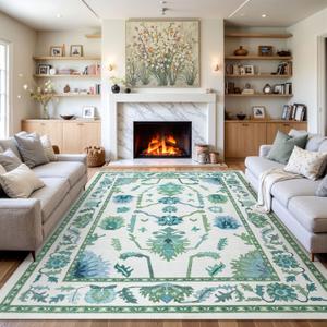 Uphome Area Rug 8x10 for Living Room, Green Non-Slip Washable Bedroom, Soft Oriental Turkish Dining Room, Modern Oushak Floral for Office Playroom Guest Room