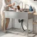 GGW Stainless Steel Large Utility Sink Single Bowl, Freestanding Laundry Sink with Pull-Out Faucet, Utility Sink for Laundry Room, Garage, Kitchen, Outdoor/Indoor Use, W35.4" x D22.4" x H37"