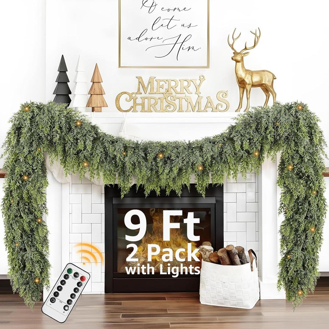 Cedar Christmas Garland for Mantle - 2 Pack with Lights Decorations 9ft Realistic Lighted Faux Pine Garlands for Xmas Home Decoration Outdoor Indoor Stairs Railing Fireplace Prelit Garland Door Decor