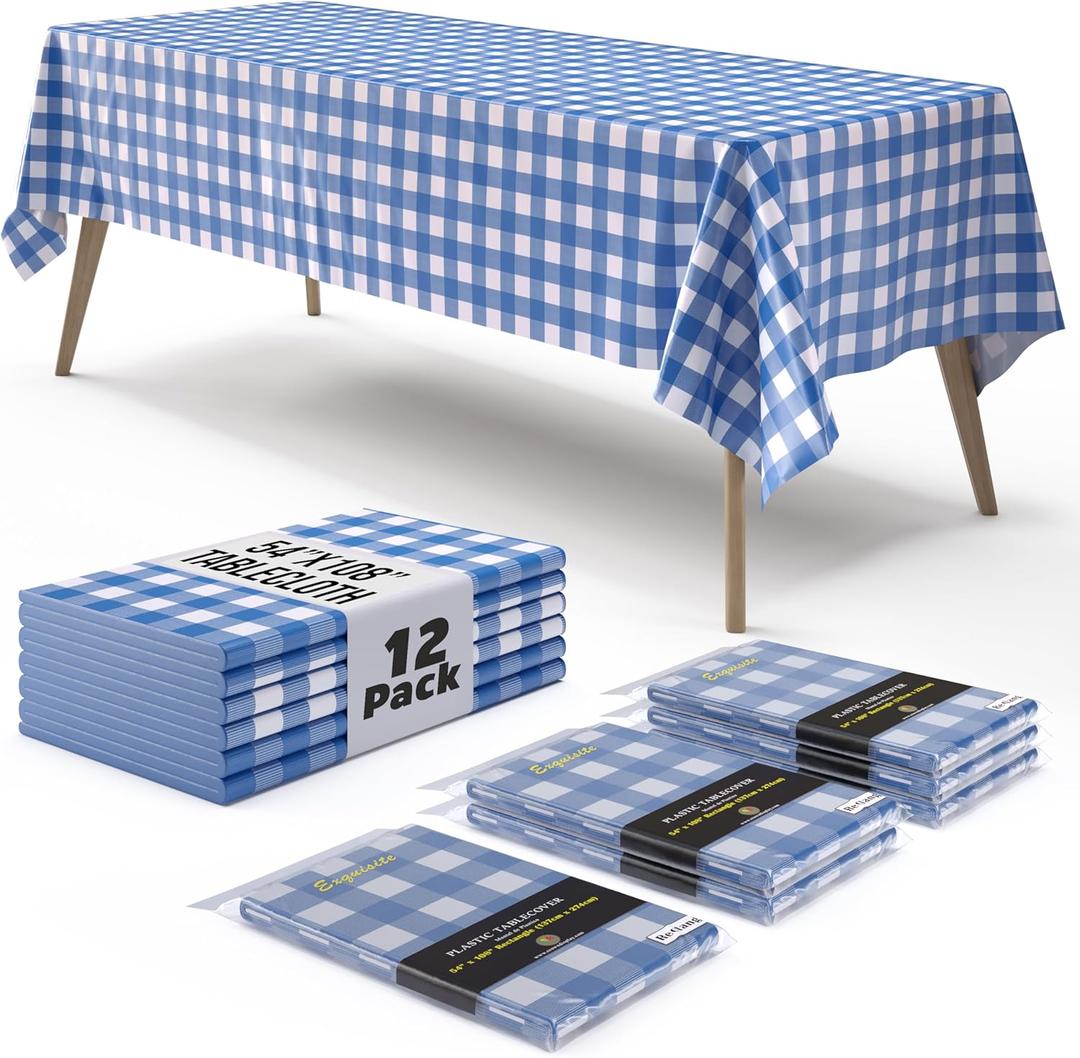 Exquisite Picnic Table Cover - 12 Pack Premium Rectangle Plastic Tablecloth - Blue & White Checkered BBQ Plastic Table Cover - Gingham Checkerboard Disposable Plastic Tablecloth 54" x 108" Rectangle