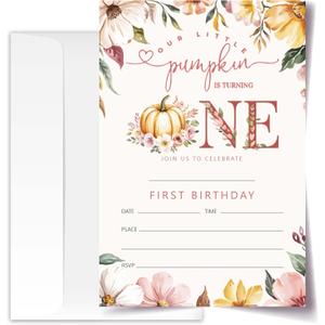 Our Little Pumpkin Is Turning One - First Birthday Invitation Cards with Envelopes Pack of 20 (4"x6") - Pumpkin Floral Autumn Themed 1st Birthday Party Invitations.(158)