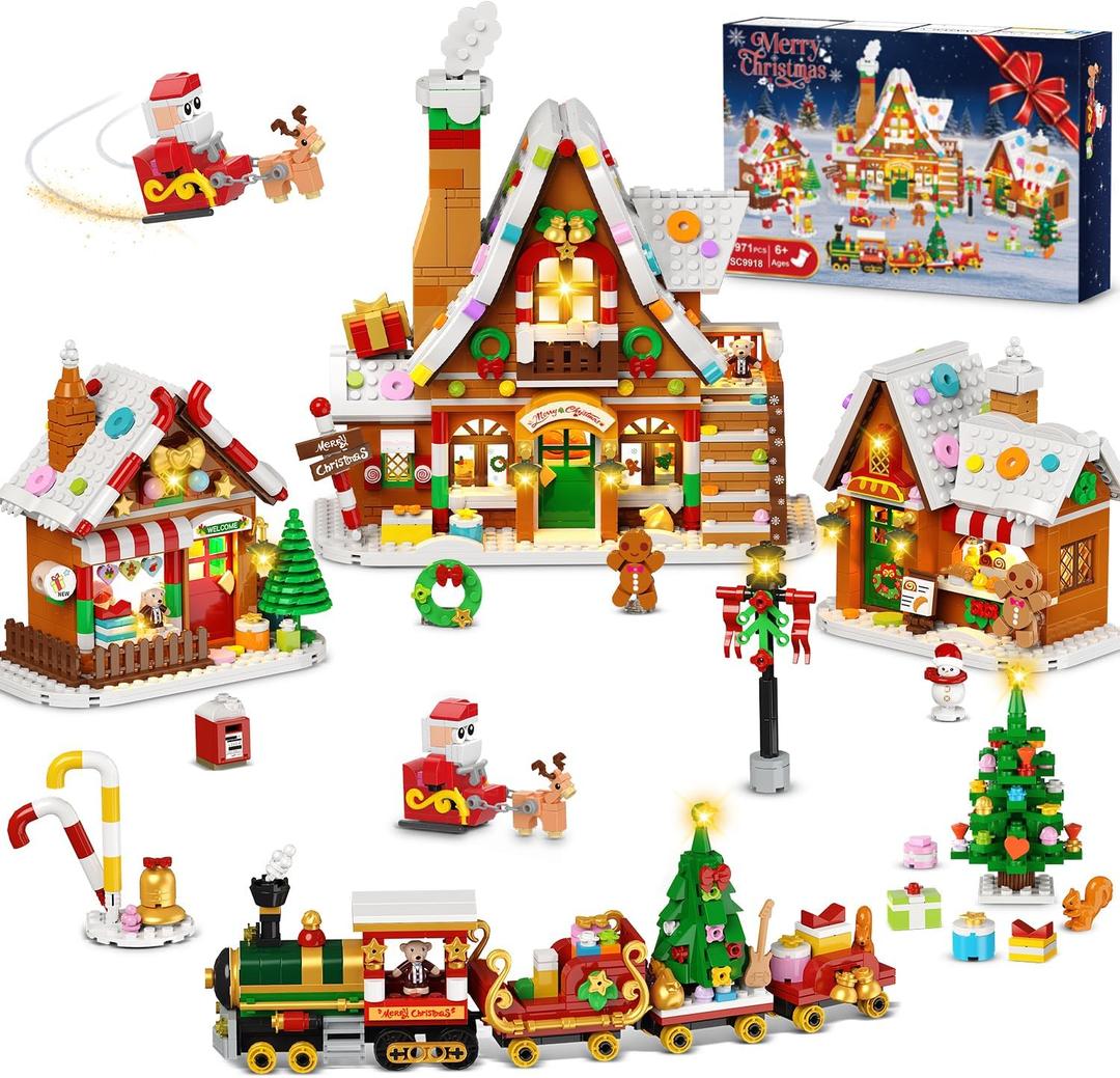 Christmas Gingerbread House Village Mini Building Set with Lights, 1955 PCS Holiday Village Building Block Toy with Xmas Tree Train Santa for Home Decor, Gift for Adults Kids Girls Boys 14+