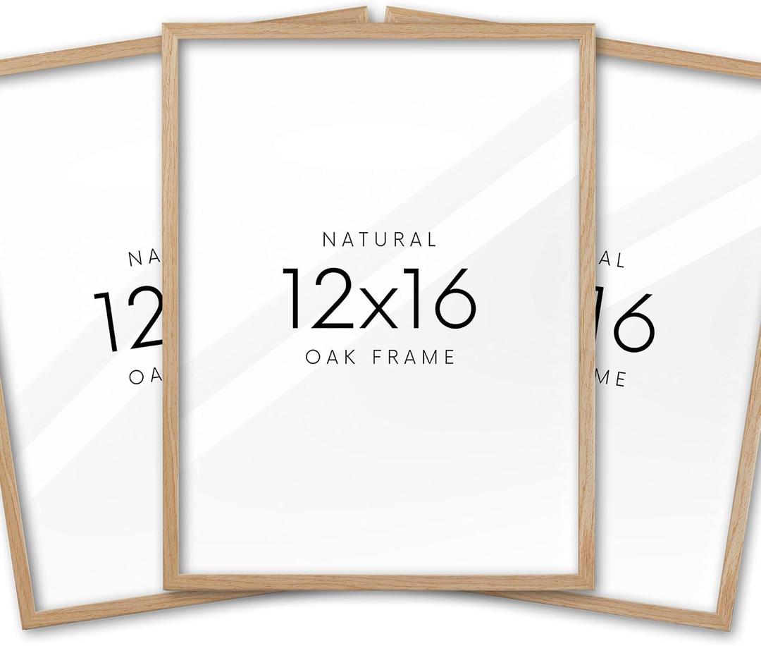 12x16in Oak Wood Picture Frame Set of 3,12"x16" Beige Minimalist Wooden Poster Frames,Natural Solid Wood Picture Frame for Wall Art,Photos,Prints, 16"L x 12"W 3Pack