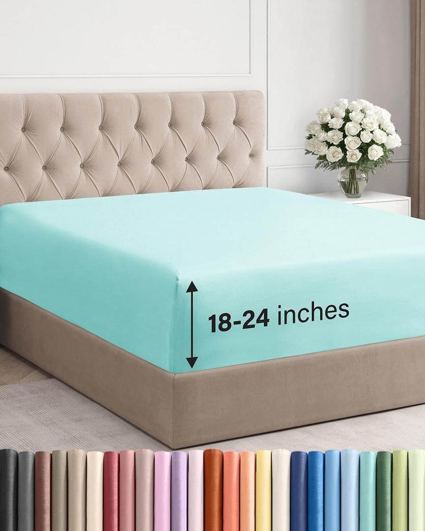 Extra Deep Queen Fitted Sheet - Hotel Luxury Single Fitted Sheet Only - Easily Fits 18 inch to 24 inch Mattress - Ultra Soft, Wrinkle & Fade Free w/Extra Deep Pockets - Breathable & Comfy - Spa Blue