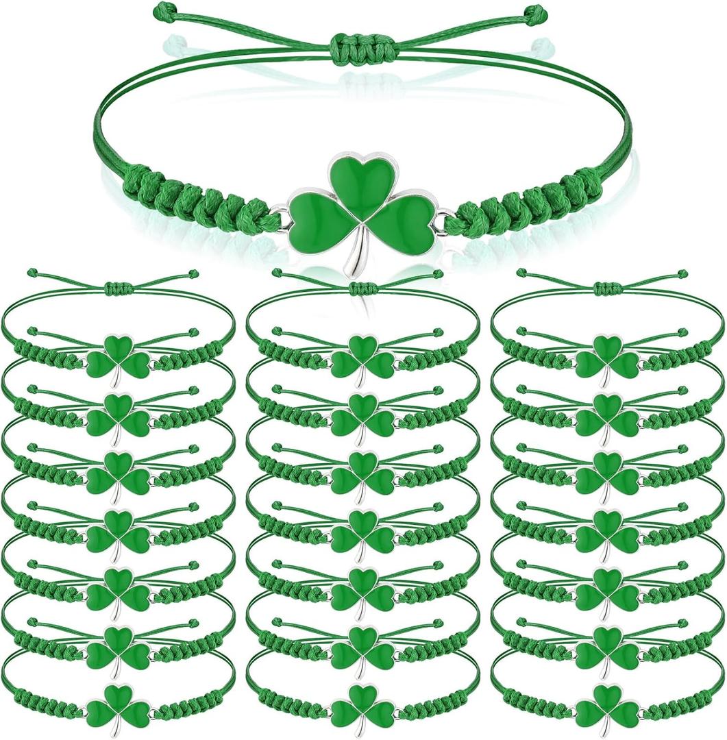 Sasylvia 20 Pcs St Patricks Day Gifts Bracelets St Patricks Day Charms Adjustable Shamrock Bracelets Lucky Shamrock for Irish Festival Holiday Party Favor Gifts
