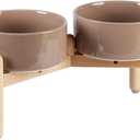 Ceramic 7.3inch Raised Double Bowls Set with Wooden Stand, Food & Water Bowls for Medium Breed Dogs, Weighted Dog Dishes, Pet Feeder(Brown Coffee)
