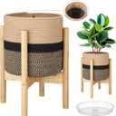 Plant Basket with Stand Indoor Planter Pot Holder Sturdy Jute Rope Modern Woven Basket, Cotton Rope Woven Pot with Bamboo Stand(10 Inch,Black and Beige Stripes)
