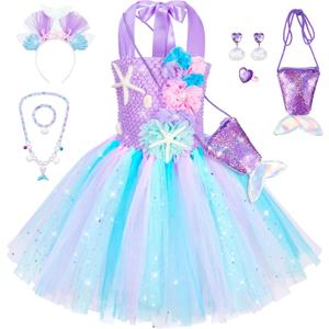 Little Mermaid Tutu Dress for Girls - Princess Mermaid Ariel Costume with Accessories (5-6 Years, Light Purple)