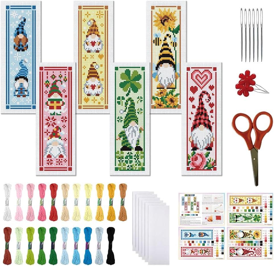 FREEBLOSS 6 Set Cross Stitch Bookmark Kit St. Patrick Gnome Pattern Stamped Cross Stitch Kit 11CT Christmas Embroidery Kits with Instructions for Beginners Adult 20x6cm/8x2.4inch