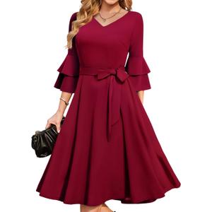 DRESSTELLS Women's Cocktail Dress 2026, A-Line Midi with 3/4 Bell Sleeves for Spring & Wedding Guest, 2XL