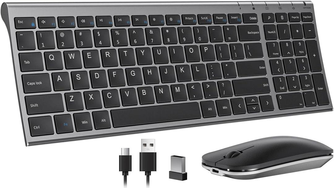 Seenda Rechargeable Wireless Keyboard Mouse, Ultra Thin Low Profile Wireless Keyboard and Mouse with Number Pad, Quiet Portable Combo Compatible for Windows XP/7/8/10/11/11 Pro, Black and Grey