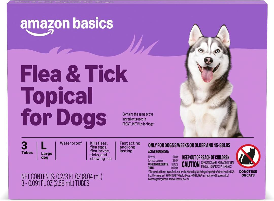Amazon Basics Flea and Tick Topical Treatment and Prevention for Large Dogs (45-88 lbs), Fast Acting and Long Lasting, 3 Count, Packaging May Vary