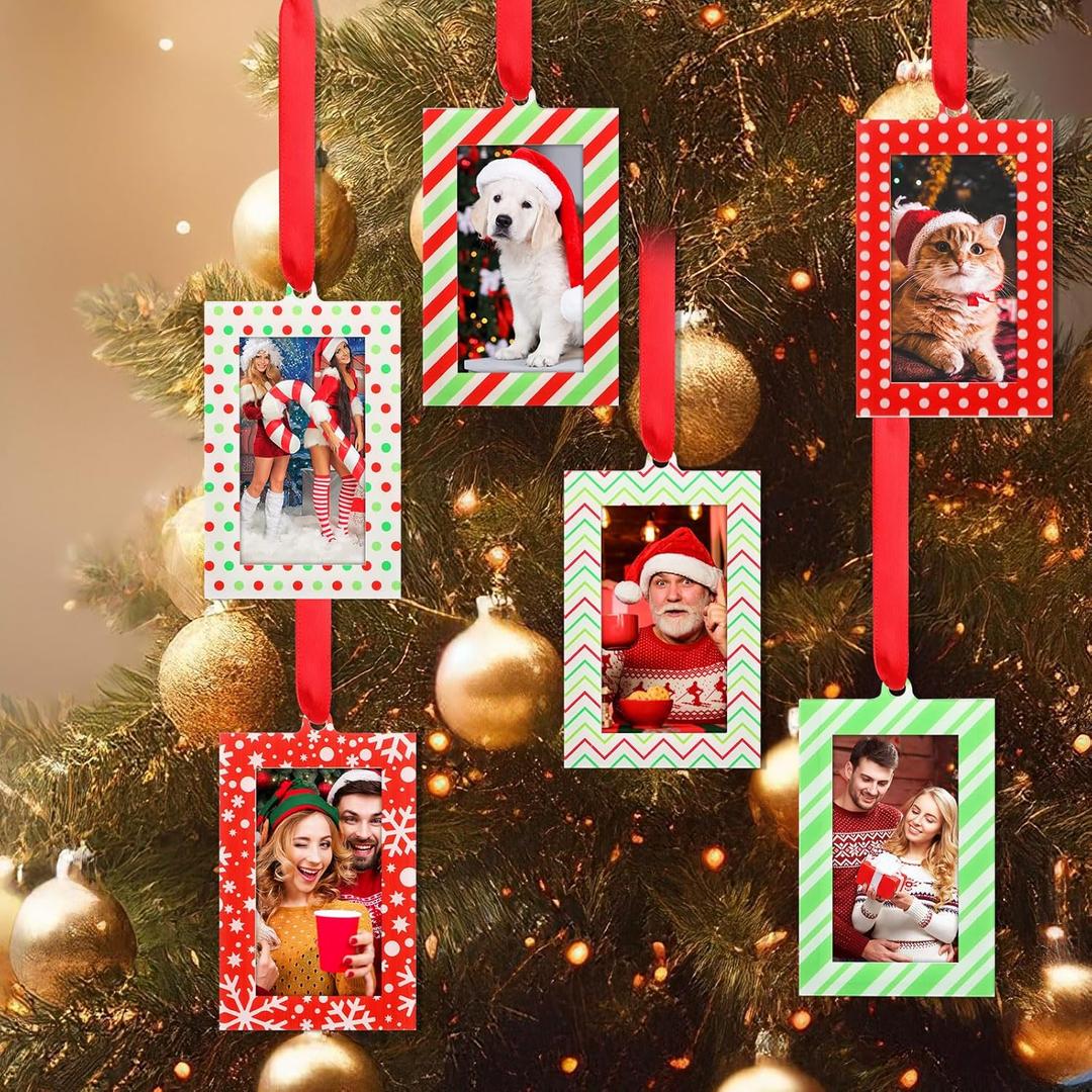 Marsui 12 Pcs Christmas Acrylic Photo Ornaments Hanging Picture Frame Ornaments for Christmas Tree 2 x 3 Inch Small Hanging Picture Frame for Xmas Tree Decoration Winter Holiday Gifts (Classic Xmas