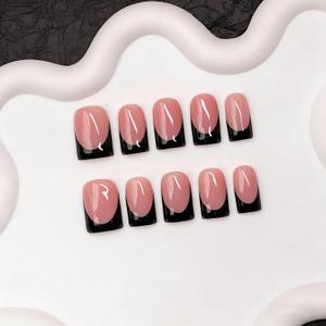 Handmade Press on Nails Black French Tip False Nails with Designs Solid Color Luxurious Thickened Short Square Fake Nail Full Cover Muti-Layer Gel Acrylic Nails Stick on Nail for WomenM)