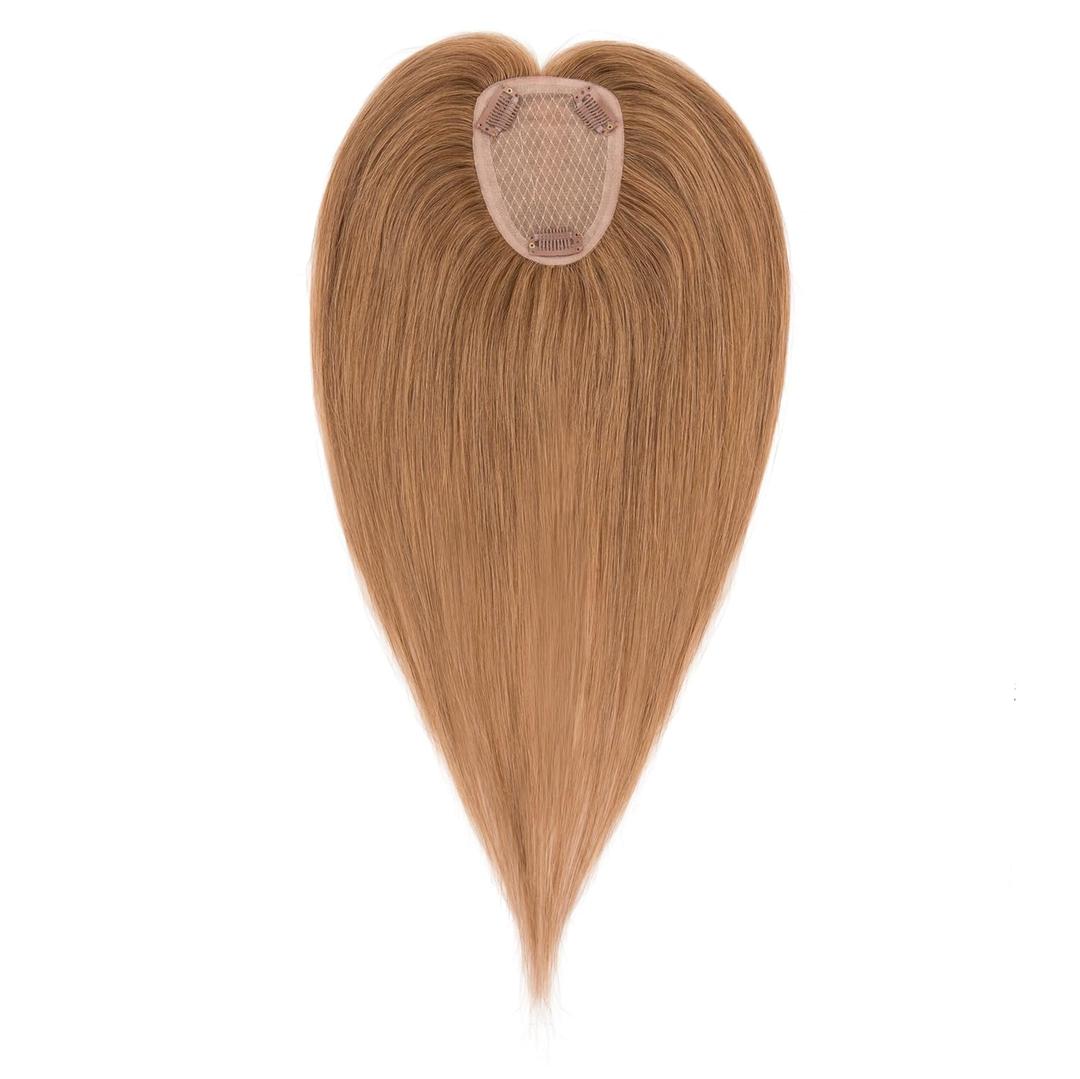 Hairro Human Hair Toppers Free Parted, 3.5x4.7" Base Hand-wovened 100% Real Hairpieces, with Invisible Clips-in for Women, for High Hairline/Adding Volume on Top, 10 Inch Blondish Brown