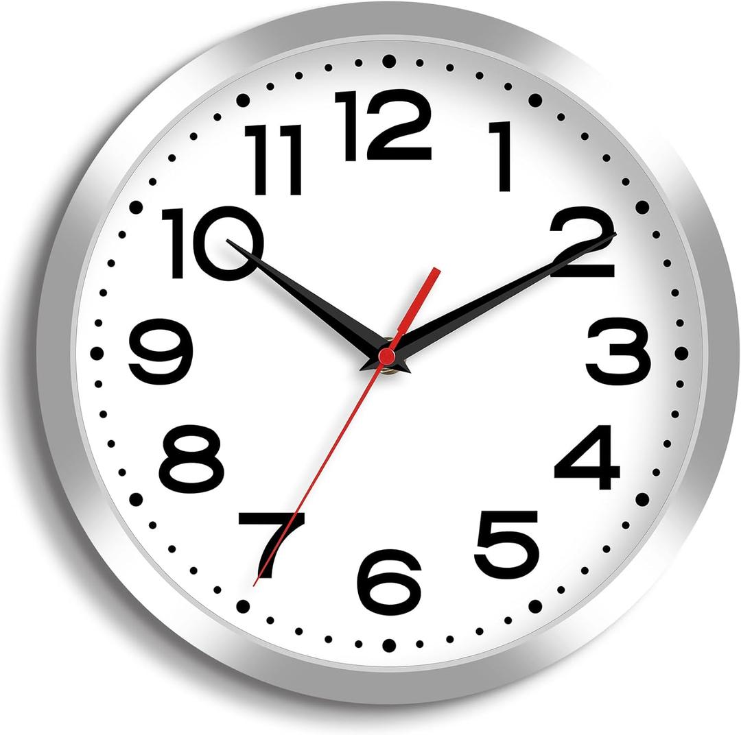 Roymnie Wall Clock Silent Non-Ticking Modern Clock Battery Operated 10 Inch Small Classic Analog Decorative for Kitchen, Bathroom, Office, Bedroom, Home(Silver)