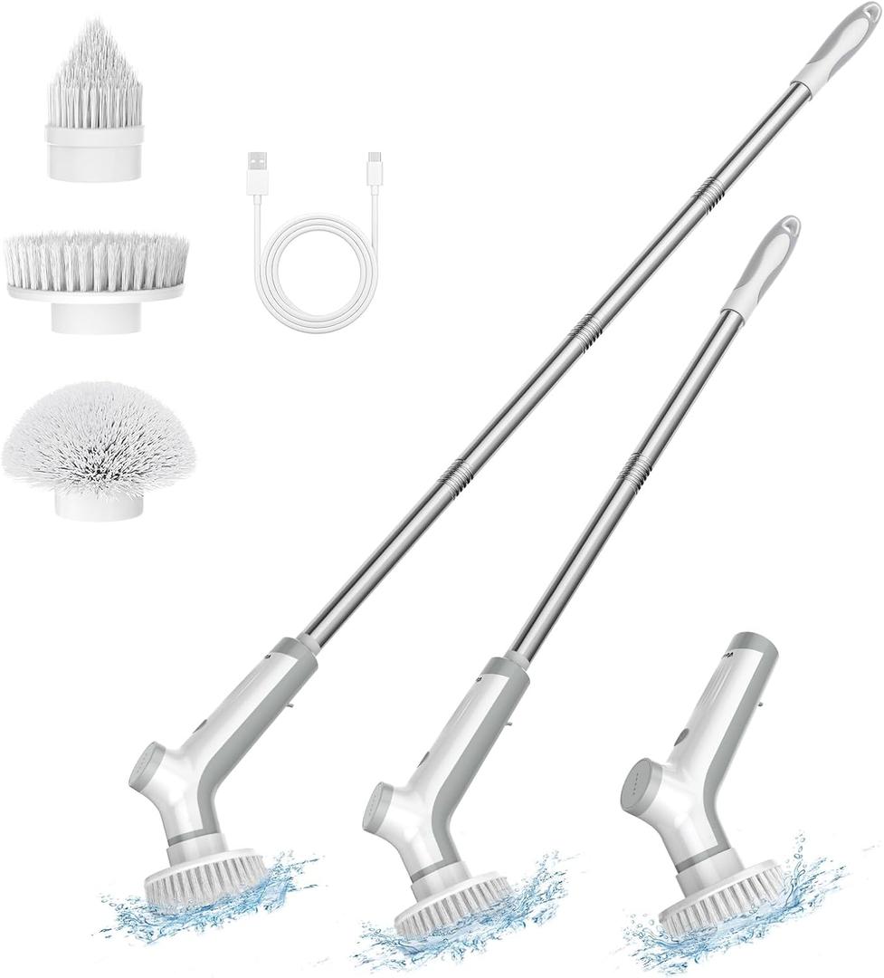 VEWIOR Electric Spin Scrubber, Cleaning Brush Electirc with 3 Replaceable Brush Heads Cordless, Shower Scrubber for Cleaning with Adjustable Handle and Power Dual Speed for Bathroom Tub Tile Grout (White)