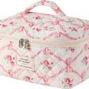 Large Quilted Makeup Bag for Women and Girls, Cute Coquette Floral Cotton Cosmetic Bag, Aesthetic Travel Organized Toiletry Bags (01 Pink Bows)
