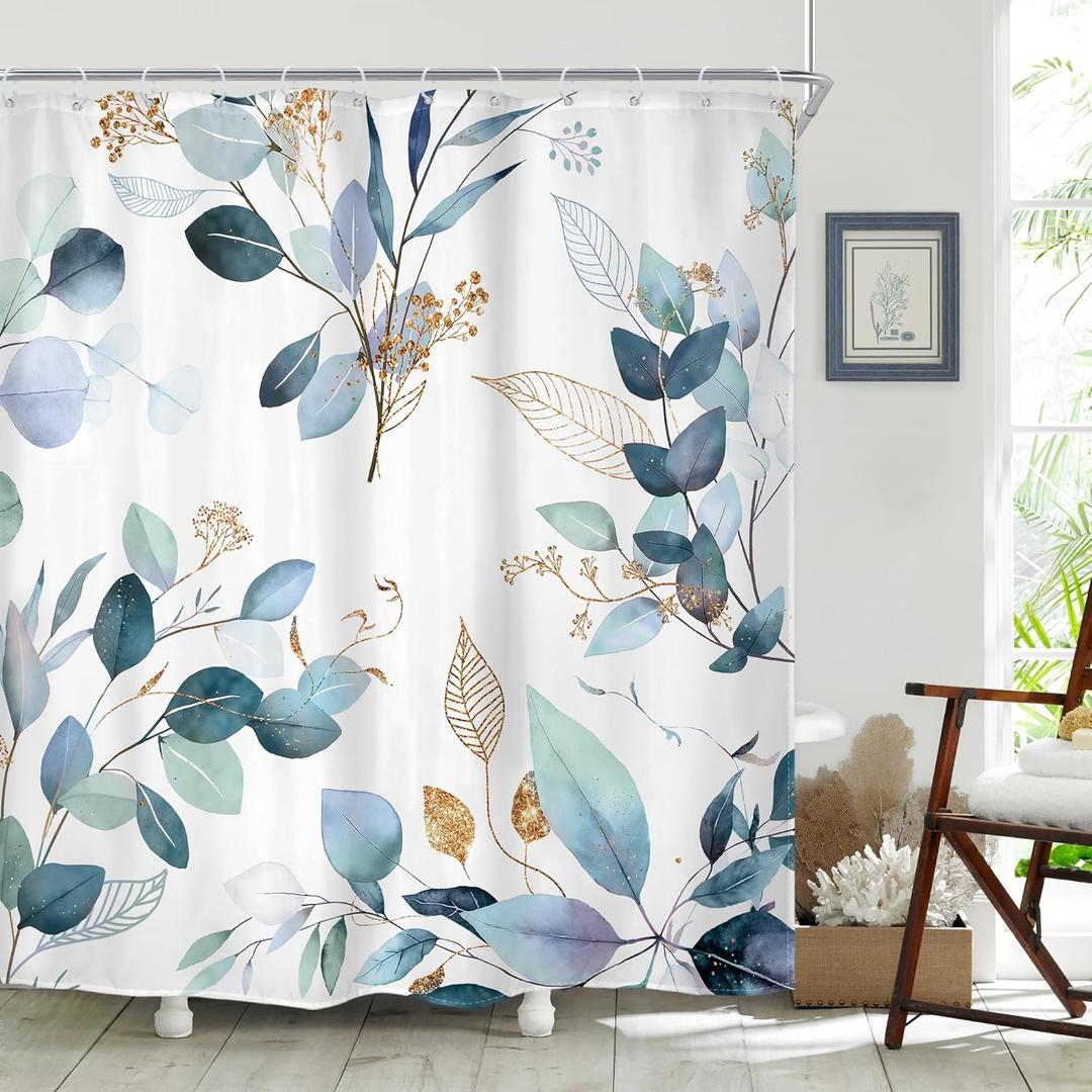 Riyidecor Teal Eucalyptus Shower Curtain 72Wx72H Waterproof Rustic Farmhouse Fabric with Gold Leaves Botanical Leaf Design Country Decor Includes 12 Pack Hooks Ideal for Bathroom