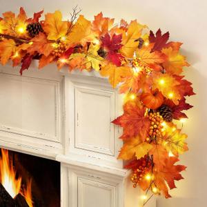 6 FT Fall Garland for Mantle with Lights Autumn Fall Decor with Red Maple Leaf Cones, Halloween Thanksgiving Garland for Home Fireplace Porch Christmas Decor