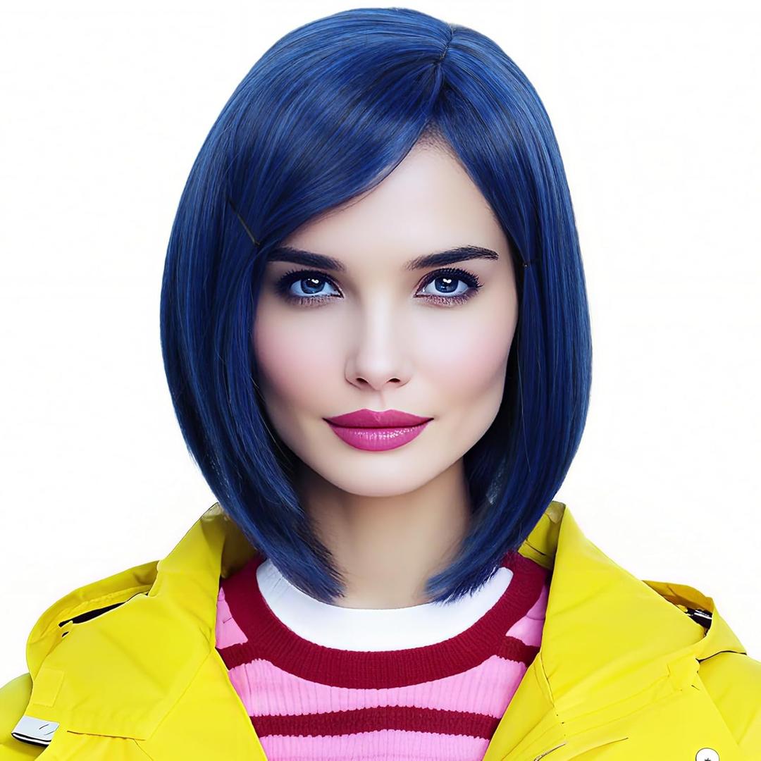 Linfairy Women's Short Blue Bob Wig With Bangs Halloween Costume Cosplay Wig