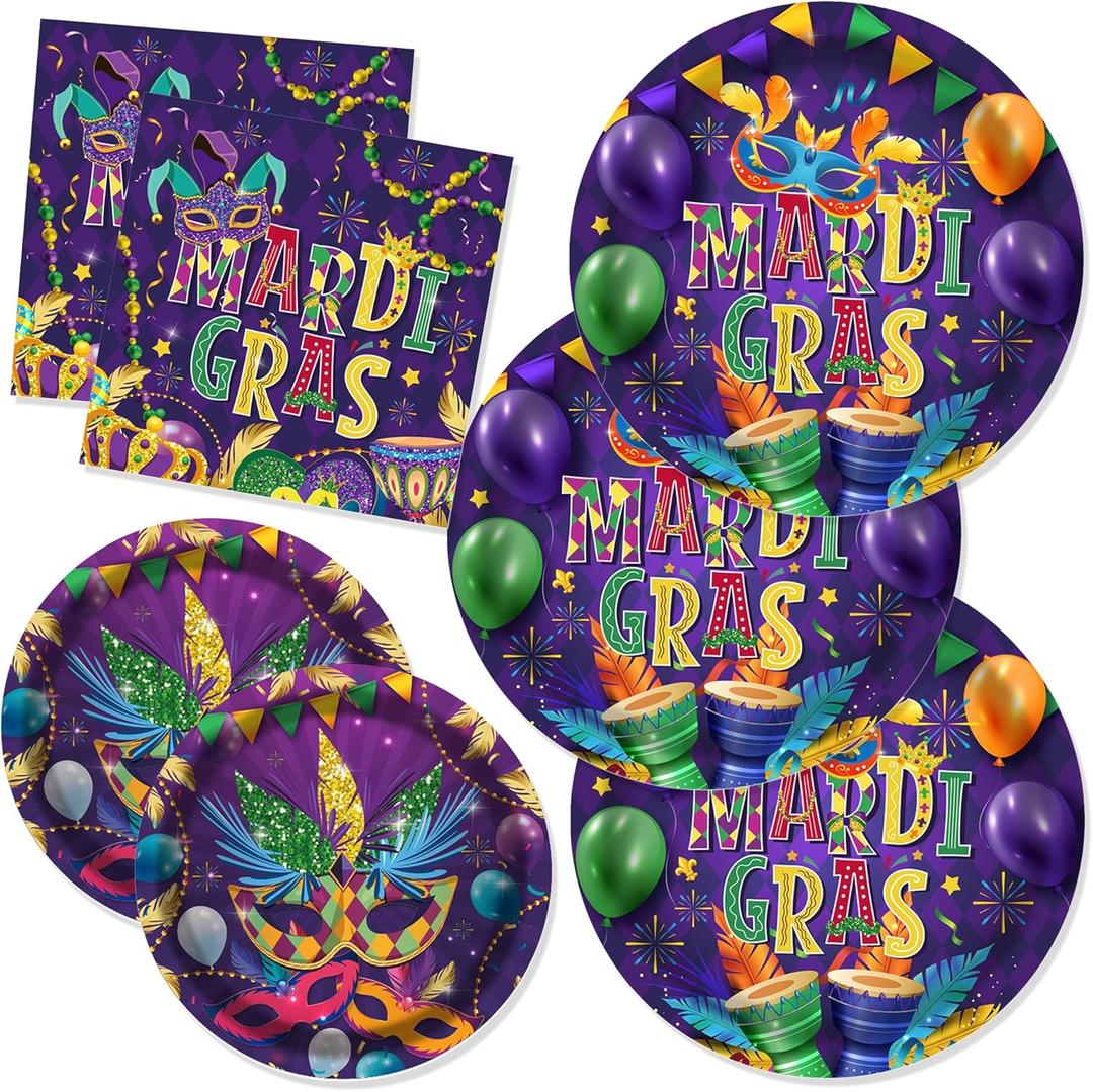 CC HOME Mardi Gras Birthday Paper Plates Napkins Purple Mask Disposable Tableware Set Party Supplies Carnival Theme Dinnerware Serves 24 Guests for Audlts Kids Girls Baby Shower Birthday 88PCS