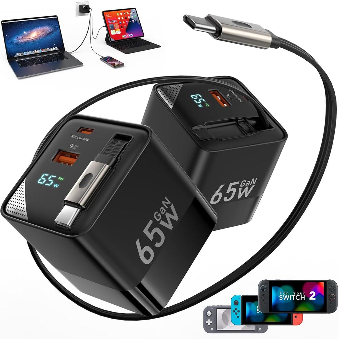65W USB C Charger, 3 in 1 GaN Retractable Wall Charger Plug PD PPS Type C Cable and Dual Port for Nintendo Switch 2, Travel Portable Fast Charging Block for MacBook, iPad,i-Phone,Galaxy,Pixel, Tablet