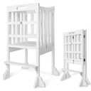 WOOD CITY Kitchen Step Stool Helper - Montessori Foldable Standing Tower for Toddlers with Safety Rail, Height Adjustable Ideal Helper for Learning New Skills, Natural Pure Pine Wood(White)