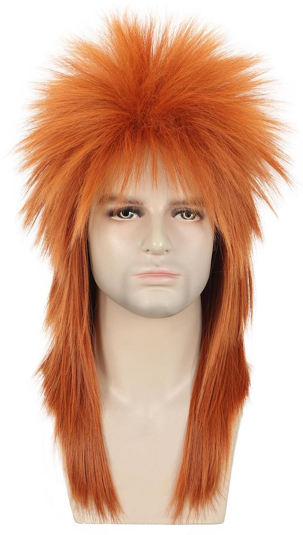 Karlery Men Women Long Straight Orange Ginger Mullet Wig 70s 80s Heavy Metal Rocker Punk Wig for Cosplay Event Costume Halloween Party