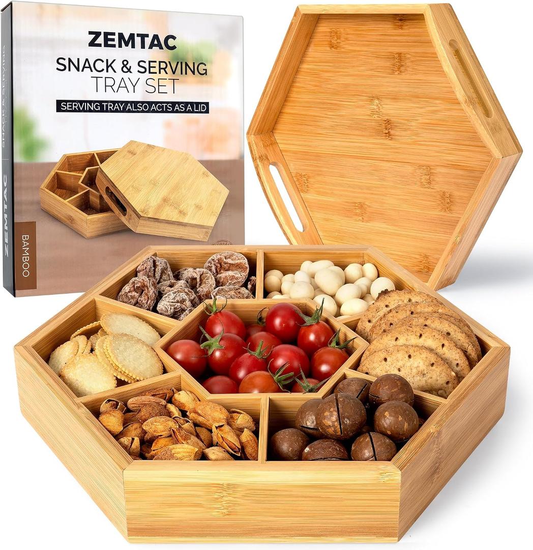 Snack and Serving Tray Set 13" Divided Bamboo Appetizer Platter for Dry Fruit, Nuts, Cheese and Charcuterie (Bamboo, 13"x11")