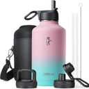Water Bottle Insulated 64 oz with Straw & 3 Lids, Coolflask Half Gallon Water Jug Large Metal Stainless Steel Wide Mouth, Non-BPA Keep Cold 48H Hot 24H, Bubblegum Princess