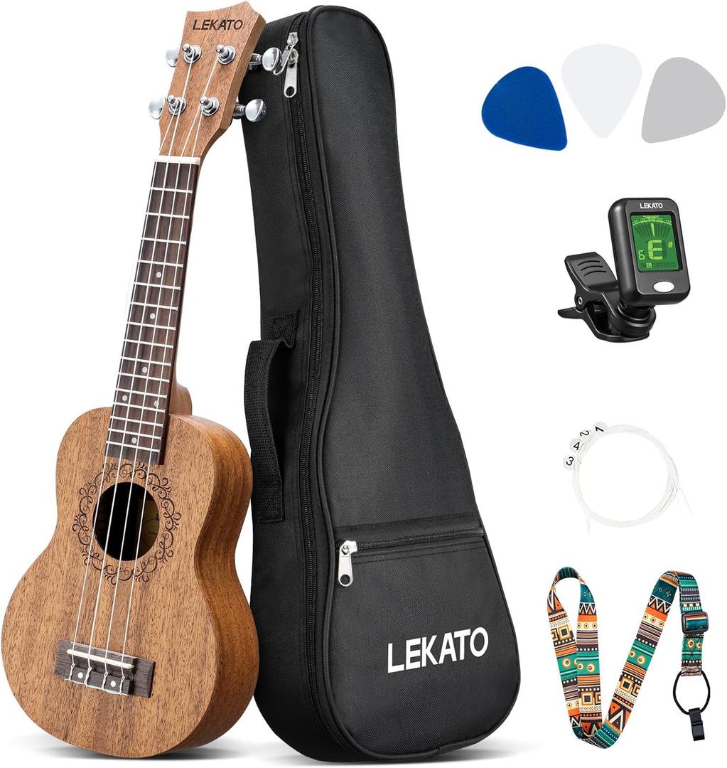 LEKATO 21 Inch Soprano Ukulele for Beginners Starter Kit Sapele Ukelele Professional Hawaiian Guitar Uke for Adults Kids with Gig Bag Strap Nylon Strings Picks Digital Tuner(21" Sapele)
