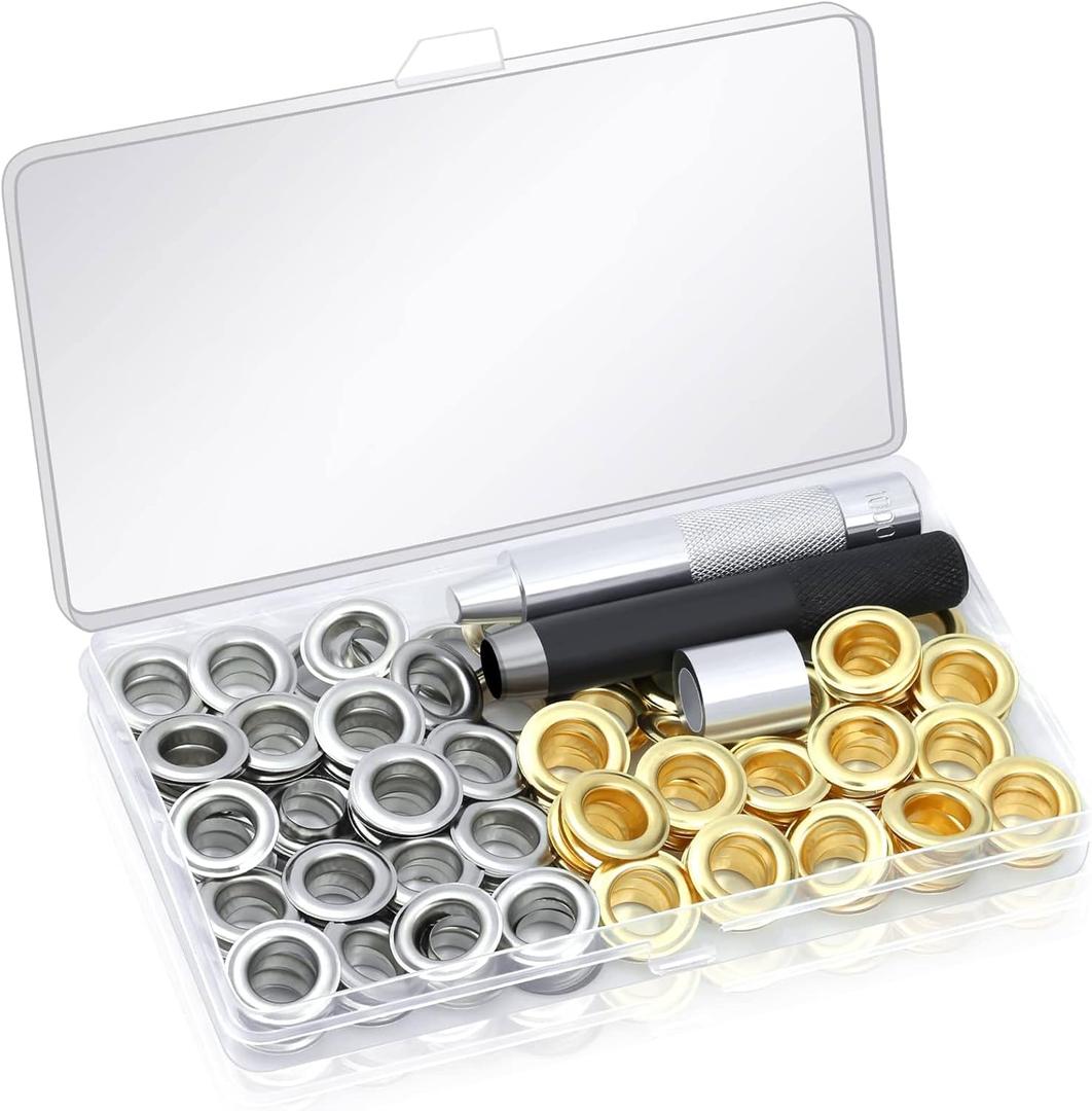 120 Sets Grommet Tool Kit 1/2 Inch, Cridoz Grommet Eyelets Kit with Setting Tools and Storage Box for Fabric, Tarps, Curtains (Silver and Gold 1/2 Inside Diameter)