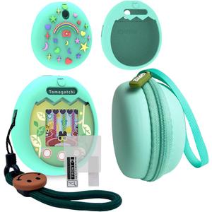 JCHPINE Hard Carrying Case and Silicone Cover Compatible with Tamagotchi Pix Interactive Virtual Pet Game Machine, Screen Film Protector for Tamagotchi Pix Accessories (Green)