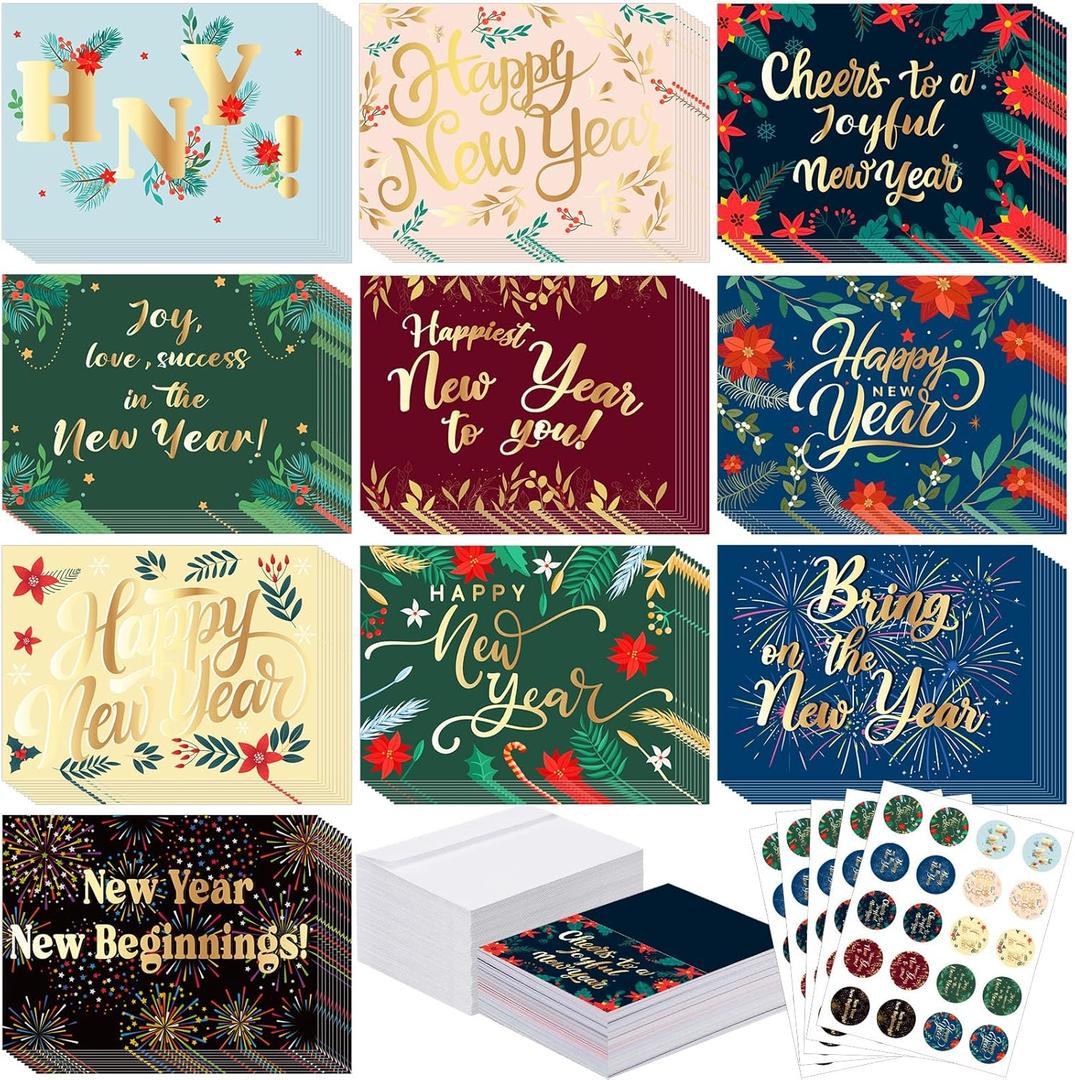 Yeaqee 100 Pack Assorted Cards Bulk with Envelopes and Stickers Greeting Cards Folded Designs for Holiday Party Supply Gifts(New Year)