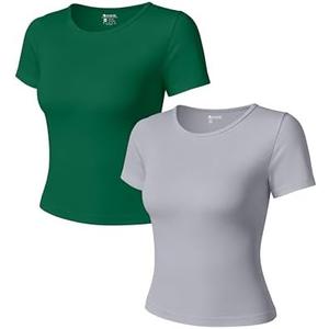 OQQ Women Short Sleeve 2 Piece T-Shirts Crew Neck Fitted Basic Tee 2025 Summer Crop Top Jungle Green Grey, M