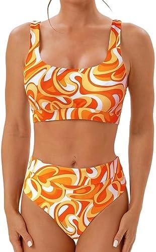 High Waisted Two Piece Swimsuits for Women Tummy Control Tankini Bathing Suits Sporty Printed Swimwear (Small, Black+white)